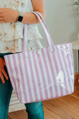 Blackish Green Glossy Striped Vinyl Large Tote Bag