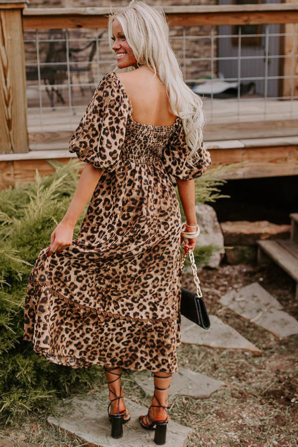 Brown Leopard Print Bubble Sleeve Ricrac Maxi Dress