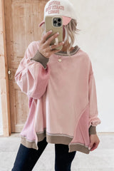 Light Pink Colorblock Waffle Patchwork Oversize Sweatshirt