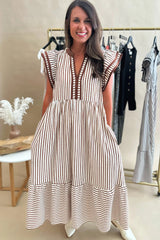 Black Stripe Double Ruffled Short Sleeve Contrast Trim V Neck Midi Dress