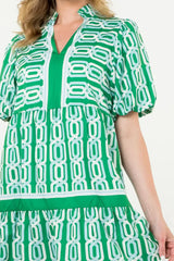 Bright Green Abstract Print V-Neck Puff Sleeve Mini Dress