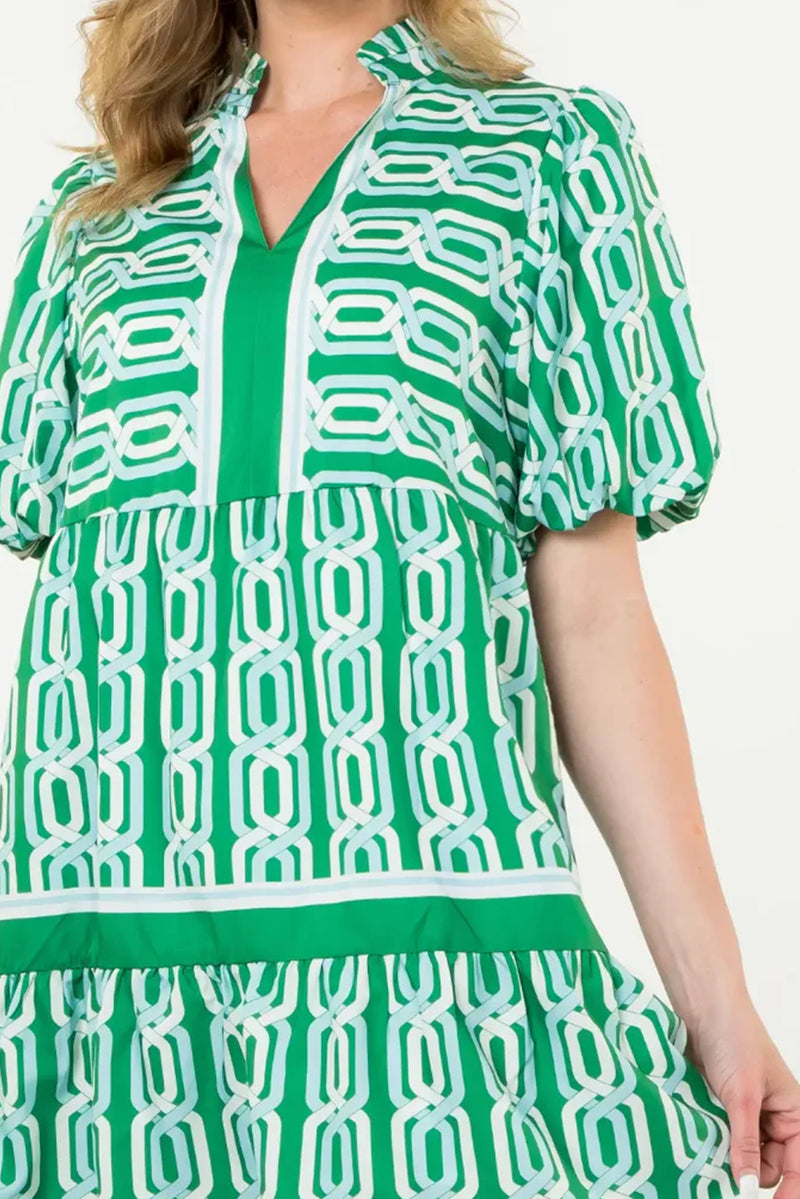 Bright Green Abstract Print V-Neck Puff Sleeve Mini Dress