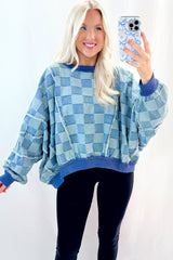 Sky Blue Checkerboard Splicing Raw Detail Oversized Denim Pullover