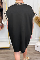 Black Plus Size Leopard Print Patchwork Shift T Shirt Dress with Pockets