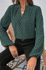 Green Geometric Print Notched Neck Long Sleeve Blouse