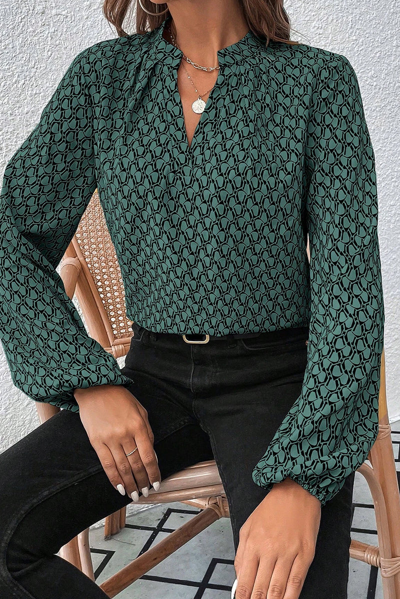 Green Geometric Print Notched Neck Long Sleeve Blouse