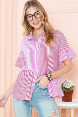 Pink Striped Patchwork Ruffle Button Up Shirt