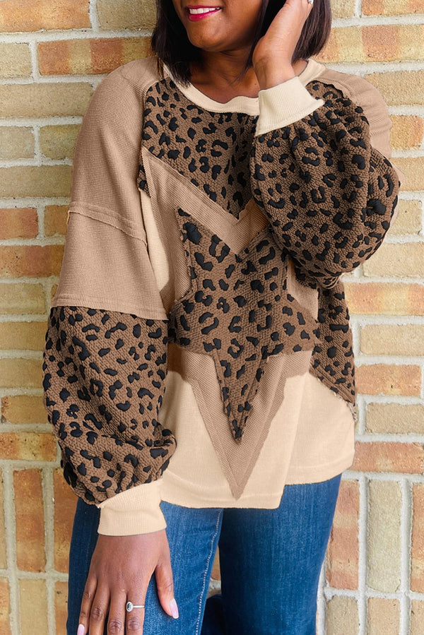 Light French Beige Star Leopard Patchwork Sweatshirt