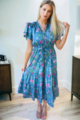 Blue Floral Flutter Sleeve Button Tie Split Neck Belted Long Dress