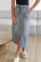 Dusk Blue Light Washed Belted High Waist Denim Skirt