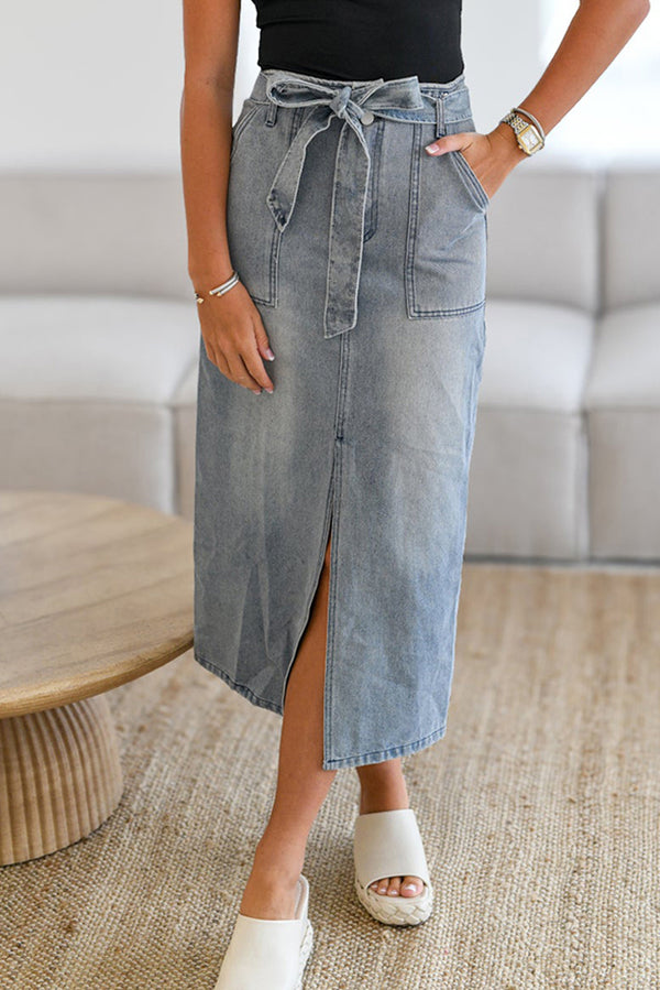 Dusk Blue Light Washed Belted High Waist Denim Skirt