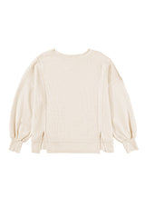 White Waffle Bishop Sleeve Split Oversized Sweatshirt