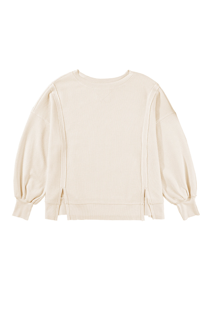 White Waffle Bishop Sleeve Split Oversized Sweatshirt