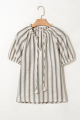 Gray Stripe Frilled Tie Neck Short Sleeve Blouse