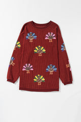 Orange Turkey Graphic Sequins Patch Corded Baggy Sweatshirt