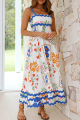 Printed Square Neck Wide Strap Midi Dress