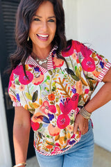 Rose Striped Trim Collared V Neck Short Sleeve Floral Print Blouse