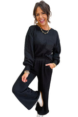Black Textured Chest Pocket Drop Sleeve Top and Pants Set