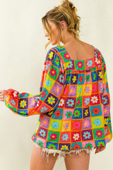 Multicolor 60s Flower Pattern Lantern Sleeve Square Neck Top