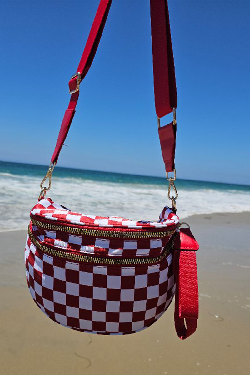 Fiery Red Checkered Print Wide Strap Large Crossbody Bag
