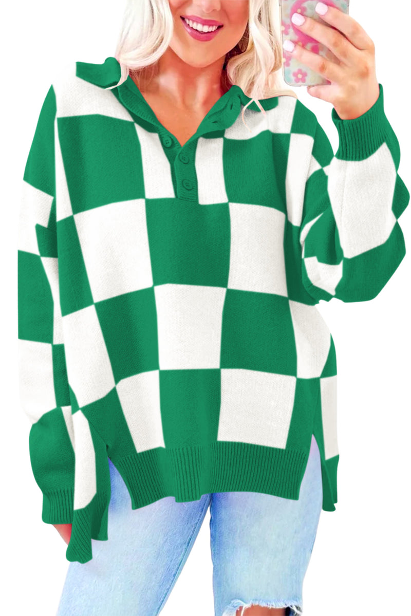Sky Blue Checkered Button Collared Sweater