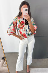 White Abstract Floral Print Puff Sleeve Blouse