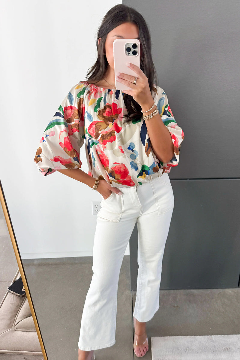 White Abstract Floral Print Puff Sleeve Blouse