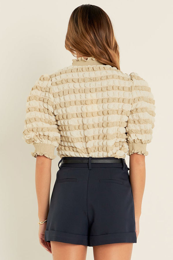 Beige Textured Frill Trim Smocked Puff Sleeve T Shirt