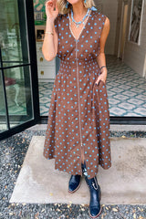 Black Polka Dot Print Contrast Trim V Neck Zip Up Sleeveless Dress