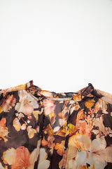 Black Floral V Neck Long Puff Sleeve Breezy Blouse