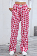Fiery Red Gingham Casual Loose Pants