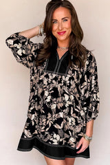 Black 3/4 Sleeve Botanical Print Split Neck Loose Mini Dress