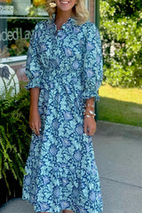 Brown Floral Printed Frilled V Neck Bracelet Sleeve Long Dress