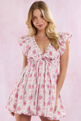 Multicolour Boho Bow Floral Print Knot V-Neck Mini Dress