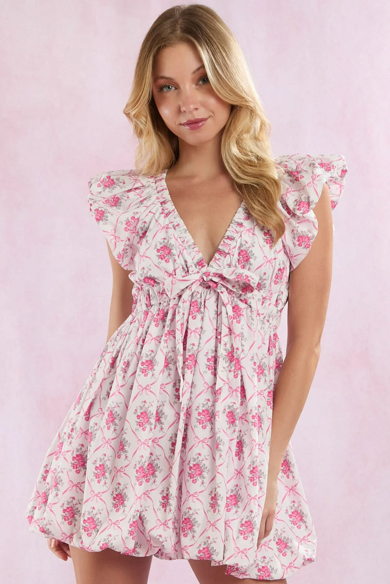 Multicolour Boho Bow Floral Print Knot V-Neck Mini Dress