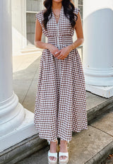 Coffee Plaid Print Full Zipper Cinched Waist Fit Flare Sleeveless Maxi Dress