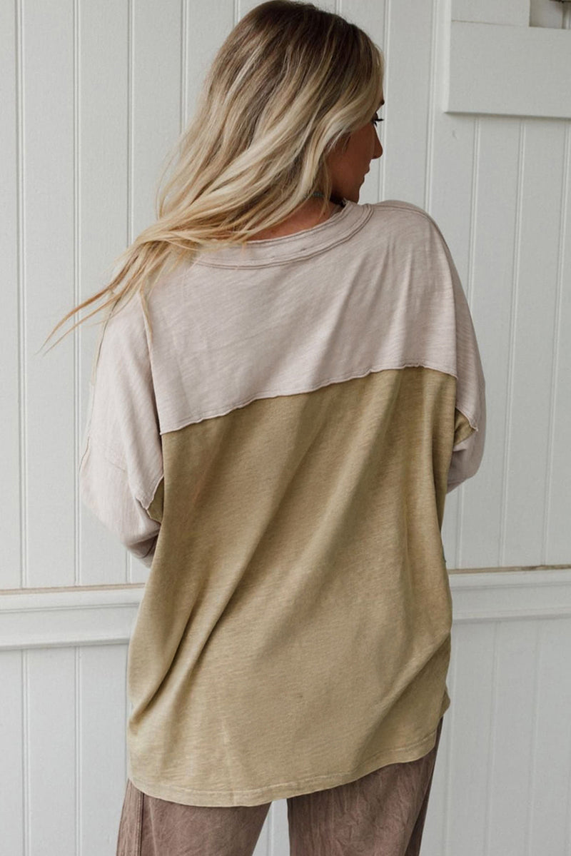 Pink Flower Patched Exposed Seam 3/4 Sleeve top