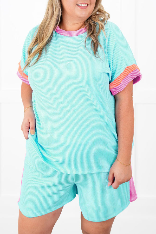 Light Blue Colorblock Corded Plus Size Two Piece Shorts Set