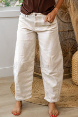Khaki Stripe Casual Barrel Jeans
