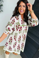 White Frilled V Neck 3/4 Sleeve Loose Floral Dress