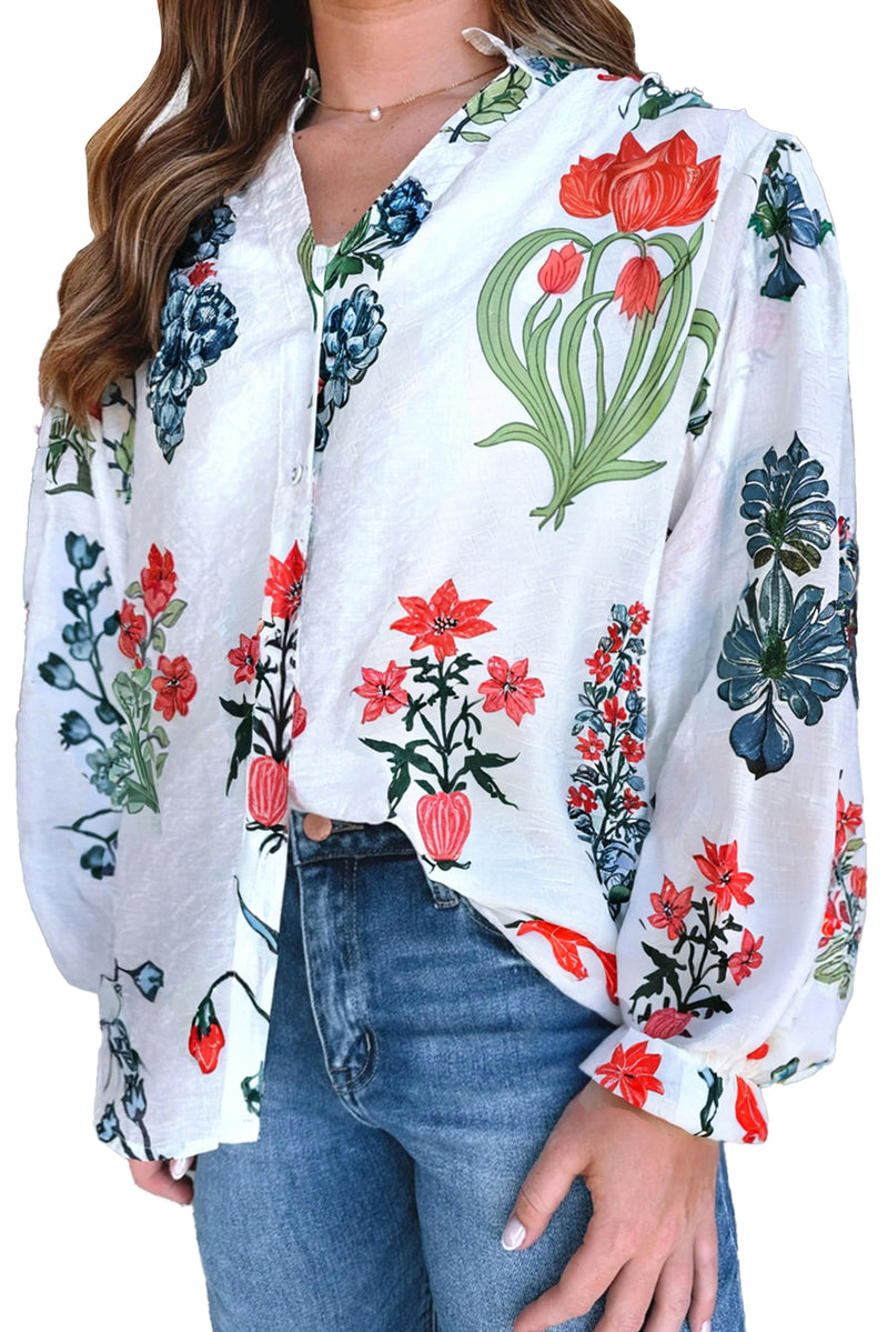 White Floral Print V Neck Loose Drop Sleeve Shirt