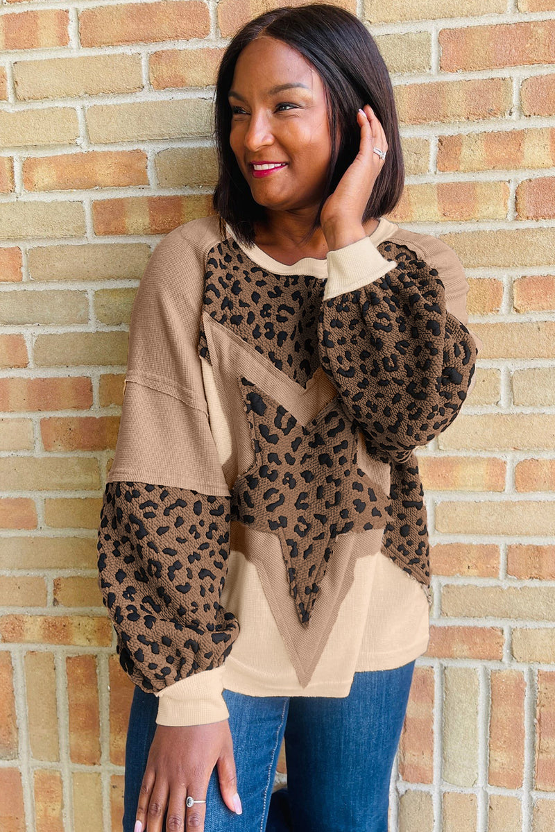 Light French Beige Star Leopard Patchwork Sweatshirt
