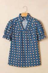 Sky Blue Retro Floral Print V Neck Pleated Detail Short Puff Sleeve Blouse