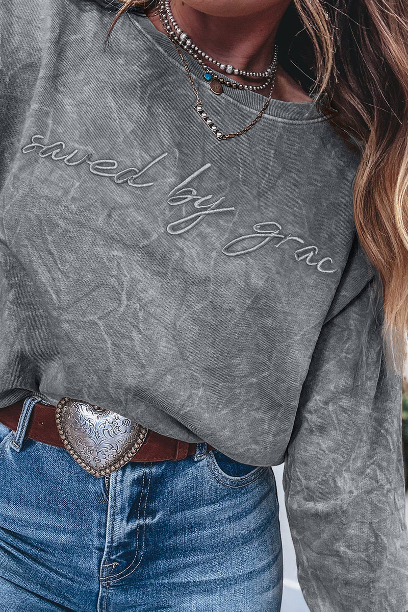 Sea Green  saved by grace Letter Embroidery Mineral Wash Loose Sweatshirt