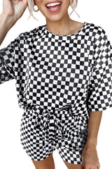 Black Checkered Top and Drawstring Shorts Pajama Set