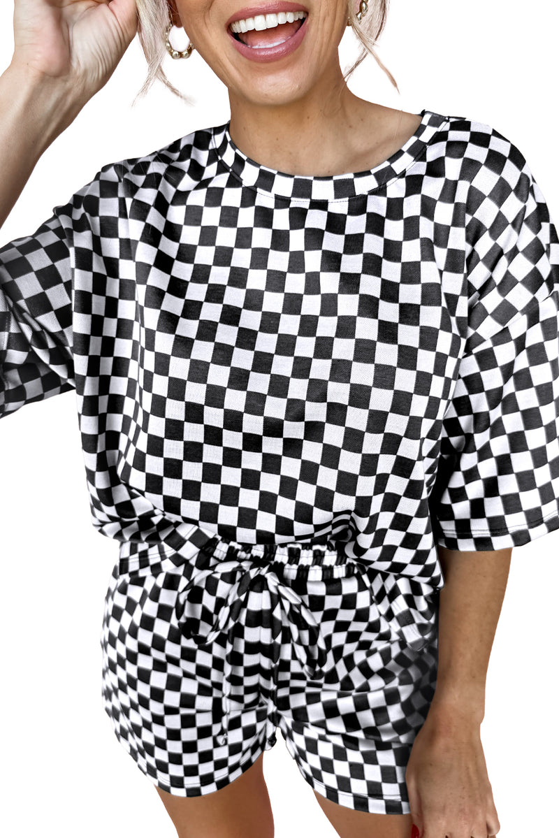 Black Checkered Top and Drawstring Shorts Pajama Set
