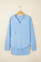 Smoke Green Notched Neck Terry Raw Hem Long Sleeve Top
