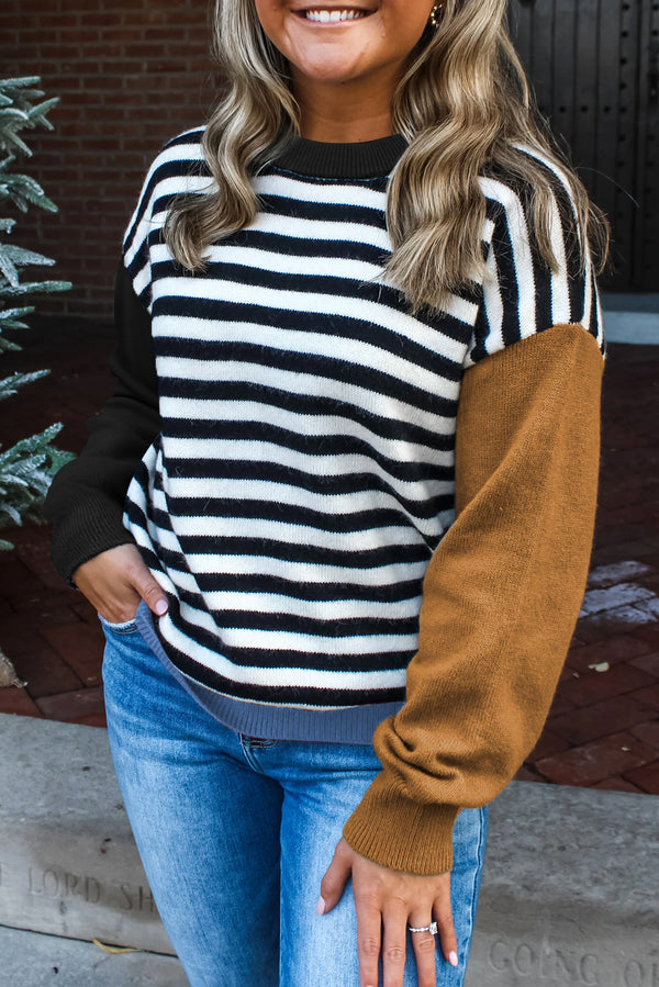 Khaki Striped Colorblock Patchwork Long Sleeve Sweater