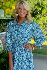 Brown Floral Printed Frilled V Neck Bracelet Sleeve Long Dress