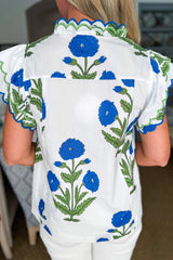 Blue Wild Flower Print Contrast Trim Scallop Detail Short Sleeve Blouse